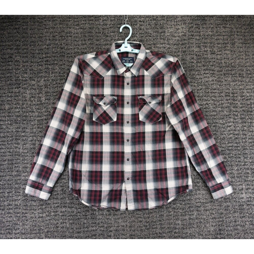 American Eagle Shirt Mens XL Maroon White Plaid Vintage Fit Western Pearl Snap